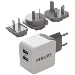 CARGADOR USB DE PARED PARA VIAJE 2 USB RAPIDOS 4 CONECTORES INTERCAMBIABLES MULTI-VOLTAJE PHILIPS