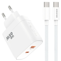 CARGADOR DE PARED 2 PUERTOS 1 USB-C PD +1 USB QC 3.0 + CABLE TIPO C CARGA RAPIDA GAN 65W TE-65CB