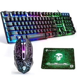 COMBO 3 EN 1 TECLADO + MOUSE + PAD GAMER LUCES LED RGB CABLEADO USB (INGLES)