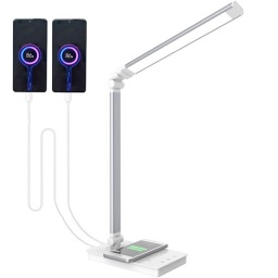 LAMPARA LED PLEGABLE CON CARGADOR INALAMBRICO QI CELULARES 5 NIVELES DE LUZ Y 2 PUERTO USB ESCRITORIO