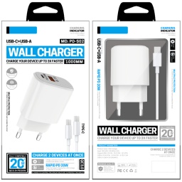 CARGADOR DE PARED USB PD 20W CARGA RAPIDA TIPO A Y USB-C + CABLE USB TIPO C