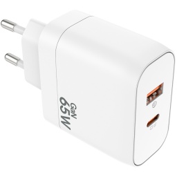 CARGADOR DE PARED 2 PUERTOS 1 USB-C PD +1 USB QC 3.0 CARGA RAPIDA GAN 65W TIPO C TE-65C