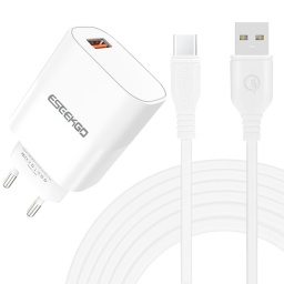 CARGADOR DE PARED QC 3.0 CARGA RAPIDA QUICK CHARGER + CABLE USB-C TIPO C COMBO ESEEKGO QC-06