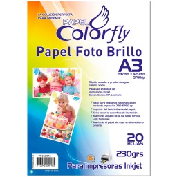 PAPEL FOTOGRAFICO A3 BRILLANTE COLORFLY 230GR X 20 HOJAS 5760DPI