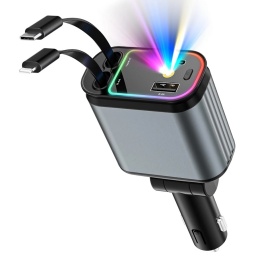 CARGADOR DE AUTO 2 CABLES RETRACTILES USB-C LIGHTNING 2 PUERTOS USB-A USB-C PROYETOR DE ESTRELLAS