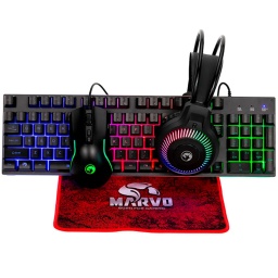 COMBO GAMER 4 EN 1 TECLADO EN ESPAOL RETROILUMINADO LUZ LED RGB MOUSE AURICULARES PAD MARVO CM416
