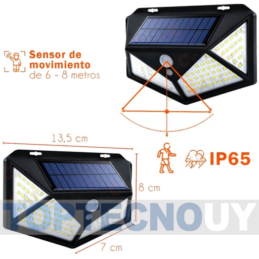 LAMPARA FOCO LUZ SOLAR 3 INTENSIDADES 100 LED CON SENSOR DE MOVIMIENTO  EXTERIOR HOGAR Iluminación