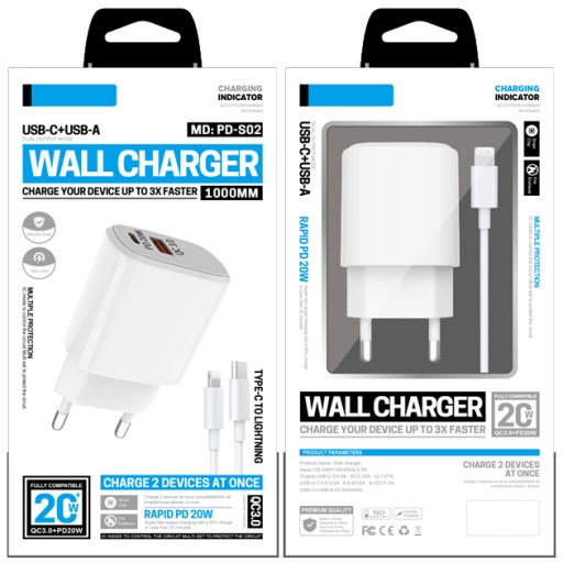 CARGADOR DE PARED USB PD 20W CARGA RAPIDA TIPO A Y USB-C + CABLE LIGHTNING  DE IPHONE CELULARES Carga