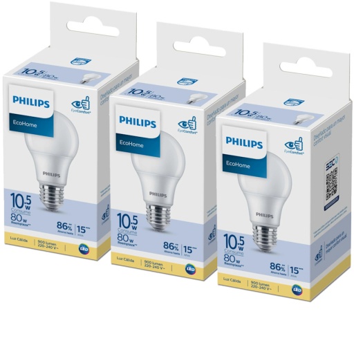 PACK X3 LAMPARA LUZ LED FRIA 10.5W PHILIPS ECO HOME EYE CONFORT REMPLAZA 80W 900 LUMEN ROSCA E27