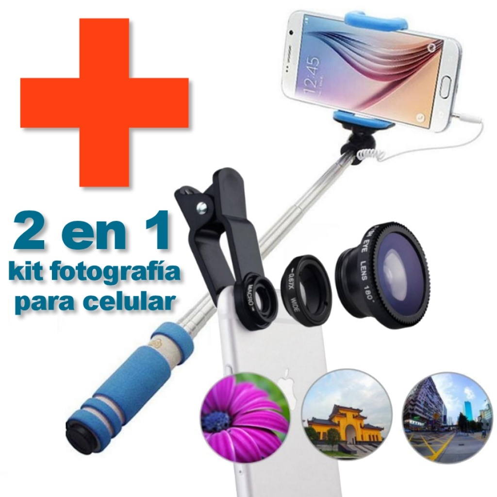 KIT FOTOGRAFIA 1 CELULAR MONOPOD PALO SELFIE STICK+ 3 LENTES CELULARES