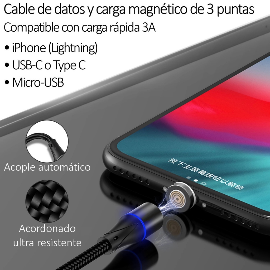 Cable Magnetico Cargador iPhone Tipo C Micro Usb 3 Puntas - Color