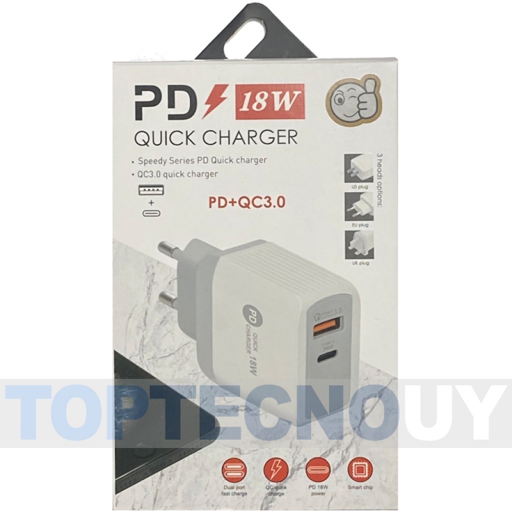 CARGADOR DE PARED USB PD + QC 3.0 CARGA RAPIDA QUICK CHARGER 18W TIPO C USB-C  CELULARES Cargadores d