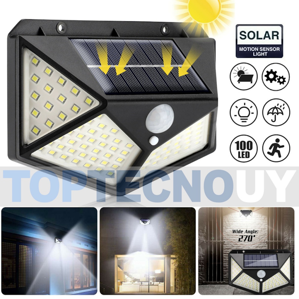 LAMPARA FOCO LUZ SOLAR 3 INTENSIDADES 100 LED CON SENSOR DE MOVIMIENTO  EXTERIOR HOGAR Iluminación