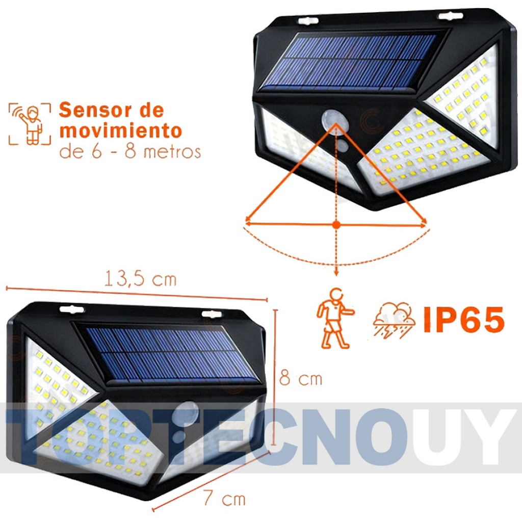 FOCO EXTERIOR SOLAR SENSOR MOVIMIENTO BATERIA 100 LEDS