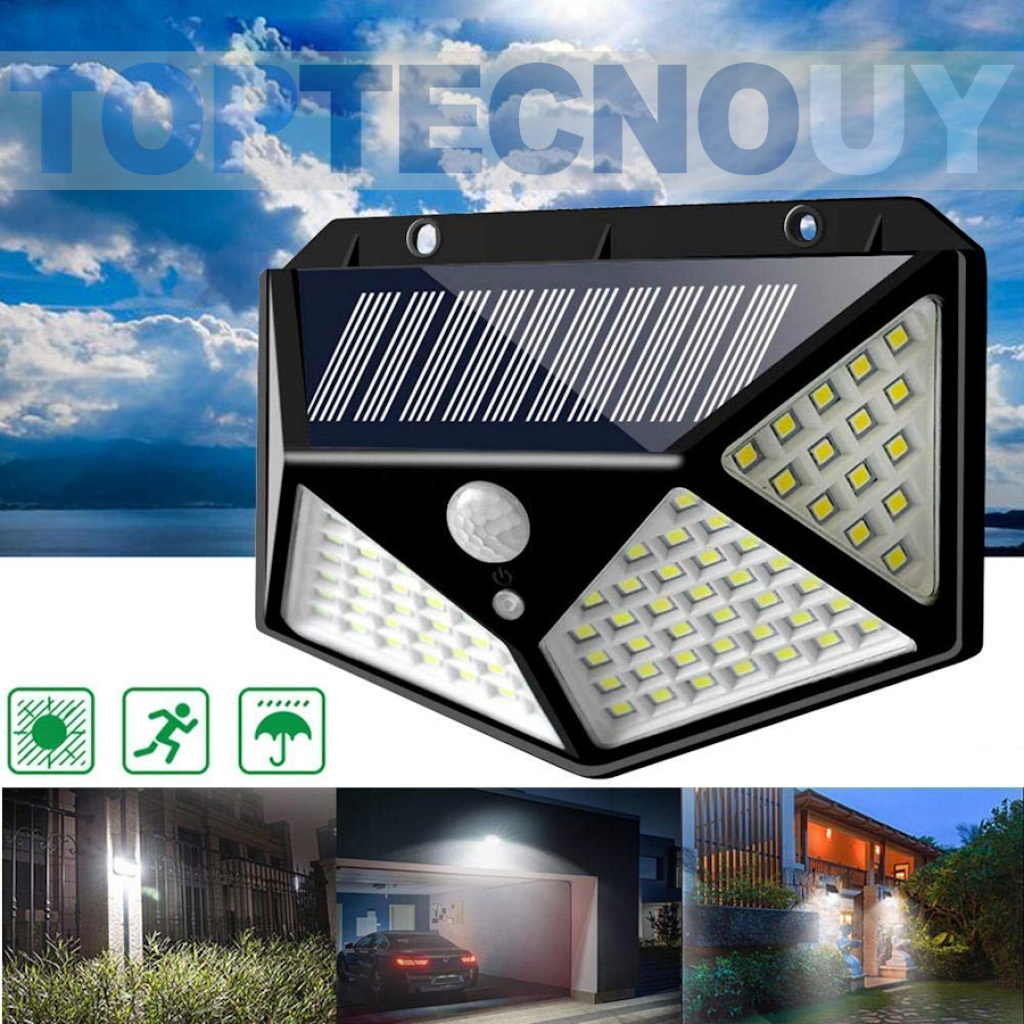 LAMPARA FOCO LUZ SOLAR 3 INTENSIDADES 100 LED CON SENSOR DE MOVIMIENTO  EXTERIOR HOGAR Iluminación