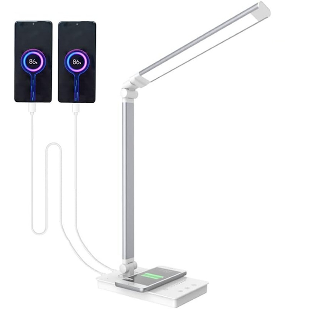 LAMPARA LED PLEGABLE CON CARGADOR INALAMBRICO QI CELULARES 5 NIVELES DE LUZ  Y 2 PUERTO USB ESCRITORI