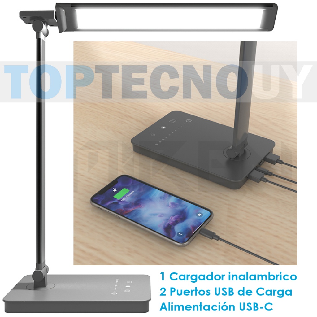 LAMPARA LED PLEGABLE CON CARGADOR INALAMBRICO QI CELULARES 5 NIVELES DE LUZ  Y 2 PUERTO USB ESCRITORI