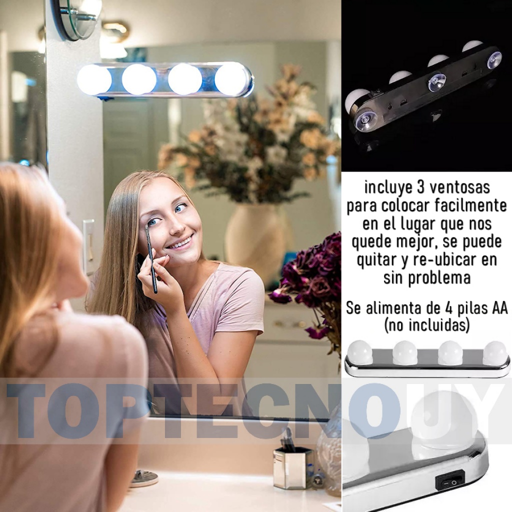 LUCES LED PARA MAQUILLAJE CON VENTOSA PARA ESPEJO LAMPARA LUZ A PILAS AA  HOGAR Iluminación