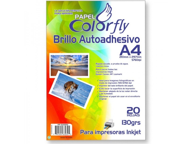 PAPEL FOTOGRAFICO A4 AUTOADHESIVO BRILLANTE COLORFLY 130GR X 20 HOJAS 5760DPI