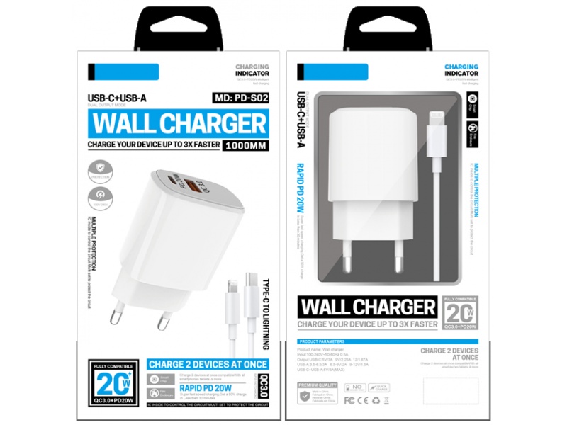 CARGADOR DE PARED USB PD 20W CARGA RAPIDA TIPO A Y USB-C + CABLE LIGHTNING DE IPHONE