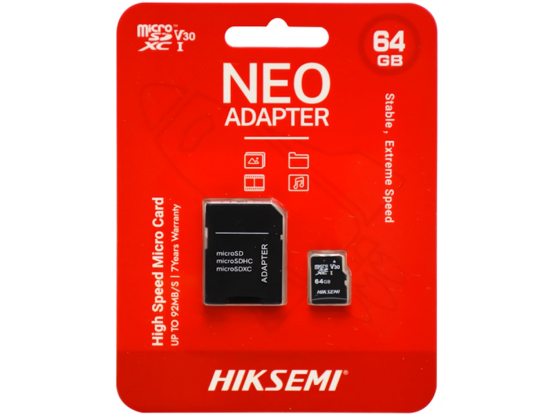 MEMORIA MICROSD 64GB NEO CON ADAPTADOR HIKSEMI MICRO-SD CLASE 10 92 MB/S R