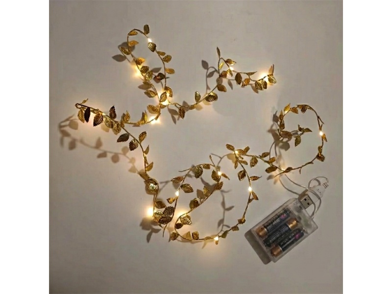 GUIRNALDA DECORATIVA HOJAS DORADAS 5M LUCES LED CALIDAS Y EN DORADO IDEAL NAVIDEA