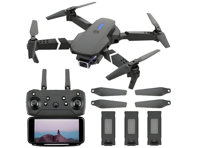 DRONE E88 CON CAMARA 4K CONTROL REMOTO 3 BATERIAS Y 4 HELICES DE REPUESTO