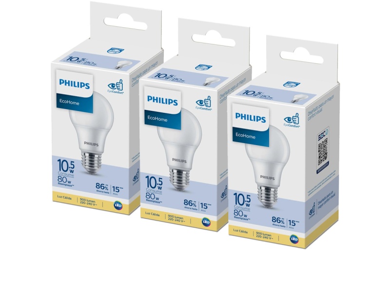 PACK X3 LAMPARA LUZ LED FRIA 10.5W PHILIPS ECO HOME EYE CONFORT REMPLAZA 80W 900 LUMEN ROSCA E27