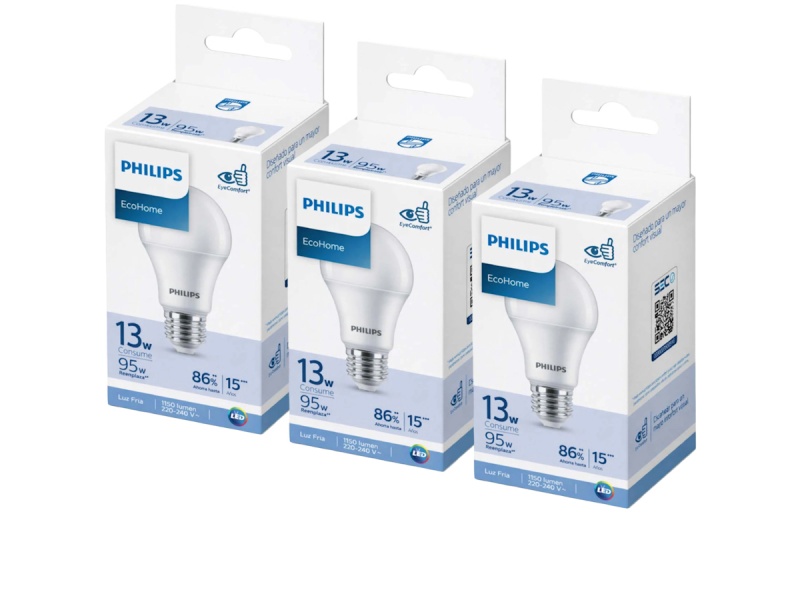 PACK X3 LAMPARA LUZ LED FRIA 13W PHILIPS ECO HOME EYE CONFORT REMPLAZA 95W 1150 LUMEN ROSCA E27